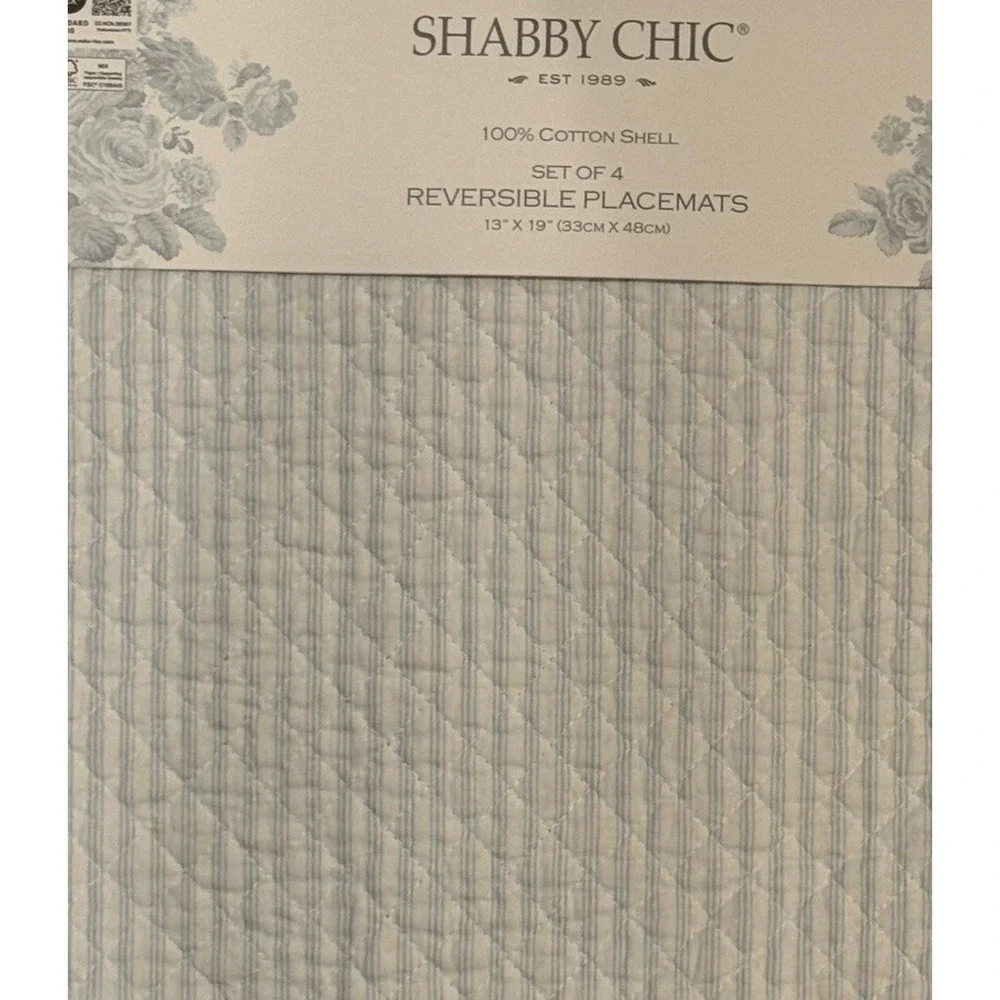 Shabby Chic 4 Scalloped Quilted Blue White‎ Placemats New Floral  Striped